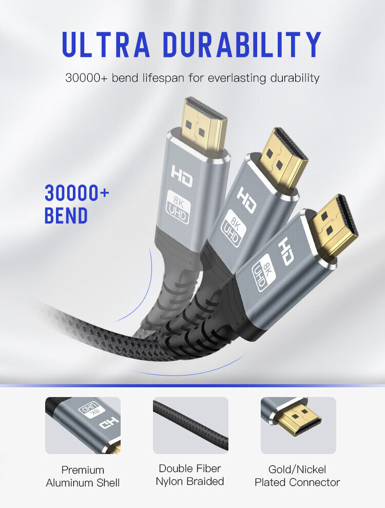 Gold Plated DOEL 8K HDMI Cable 2.1 Version 60/120hz Connector 48Gbps-2M/6.5Feet