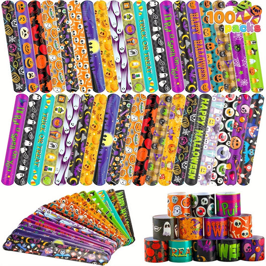 100 PCS Slap Bracelets Halloween Bracelets Bulk for Girls Boys Gifts Friendship Bracelets Snap Bracelets for Halloween Party Favors Goodie Bag Fillers