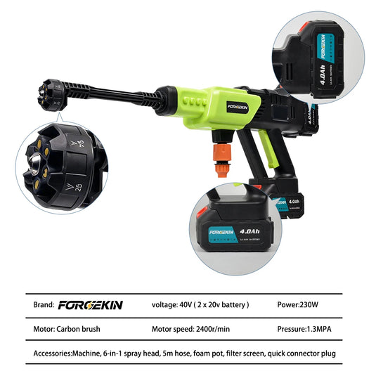 FORGEKIN 40V Wireless High Pressure Washer Gun 6in1 Cordless Spray Gun Car Garden Washer Tool For Makita 18V Battery Pin