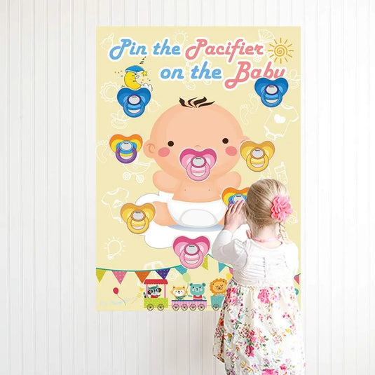 Hxezoc Pin The Pacifier On The Baby Game - Large Poster for Baby Shower Party, Kids Birthday Party Supplies - 72 Pacifier Stickers