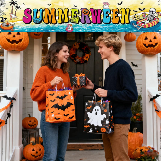 Summerween Yard Banner – Funny Skeleton Beach Scene for Summer Halloween Pool Party