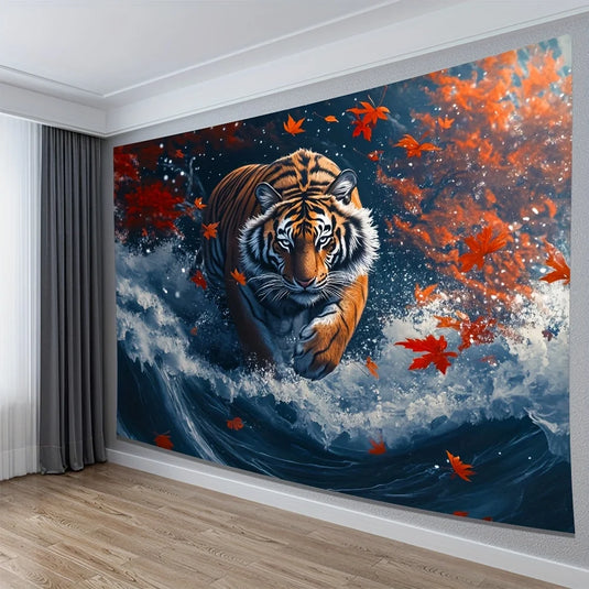 Epic Tiger Ocean Wave Tapestry Wall Decor Canvas Print Autumn Leaves Jungle Art Large Size Home Decoration 150x300cm