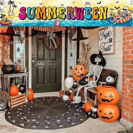 Summerween Yard Banner, Funny Skeleton Beach Scene Banner, Summer Halloween Pool Party Outdoor Decoration