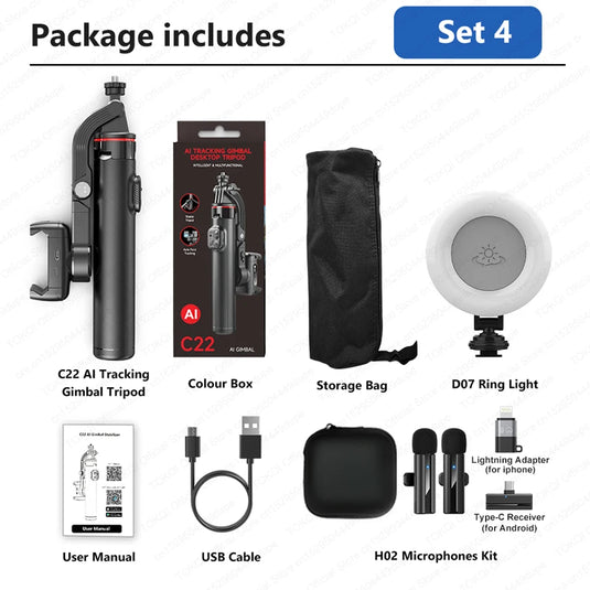 Desktop Gimbal AI Tracking Handheld Stabilizer C22 Selfie Stick Tripod for Cell Phones Record Video/Vlog, Optional Fill Light
