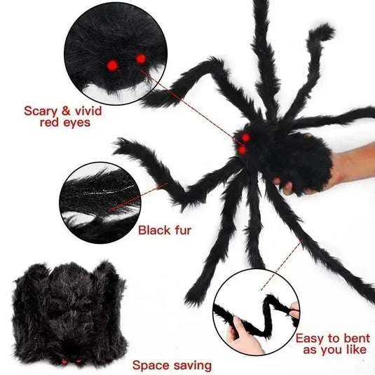 Giant Black Plush Spider Halloween Decoration 30–200cm
