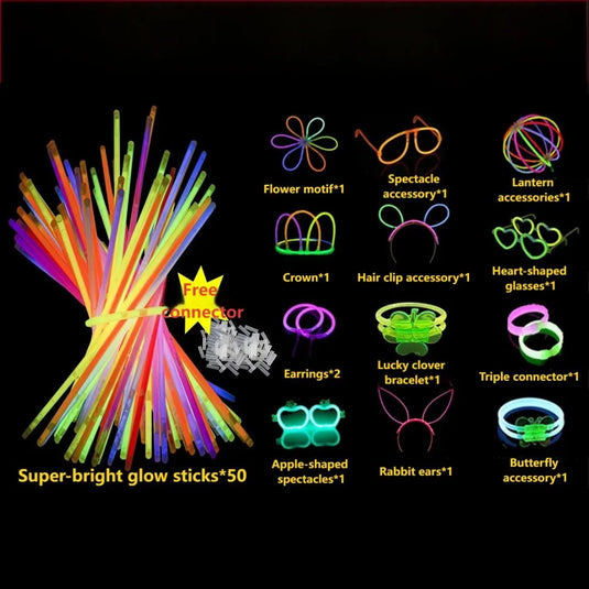 50/100PCS Glow Stick Set with 17 Accessories DIY Perfect for Vibrant Party Supplies for Concert Halloween Festivals Events Part