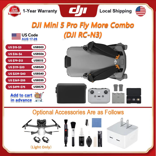 DJI Mini 5 Pro Fly More Combo DJI RC-N3 FPV Drone 4k Professional with Optional Accessories Omnidirectional Obstacle Sensing ActiveTrack 360° 225° Gimbal 20km Transmission