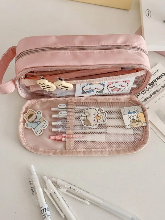 YT Large-Capacity Layered Grid Student Essential Stationery Bag, Partitioned Pencil Case, niche New Model with High Aesthetic VA