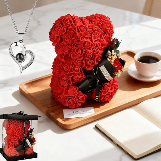 Valentines Gifts for Women,Rose Bear Birthday Mother's Day Valentine's Gifts for Her, Rose Teddy Bear with I Love You Necklace