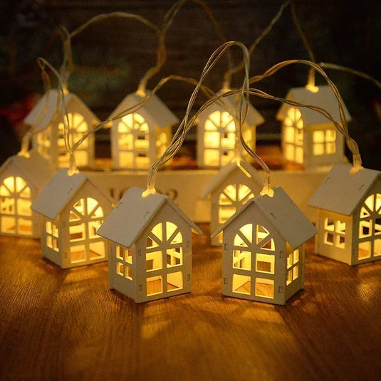 10LED 2M Christmas Wooden House LED Fairy Light String Home Hanging Garland Xmas Tree Ornaments Decoration Lamp 2025 New Year