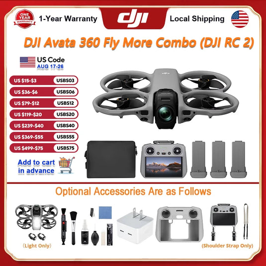 DJI Avata 360 Fly More Combo (DJI RC 2) Drones With a Camera FPV Drone 4k Professional 360° Panorama Obstacle Avoidance 12KM Transmission DJI Drone With Optional Accessory Flash Light Cleaning Kit Charger