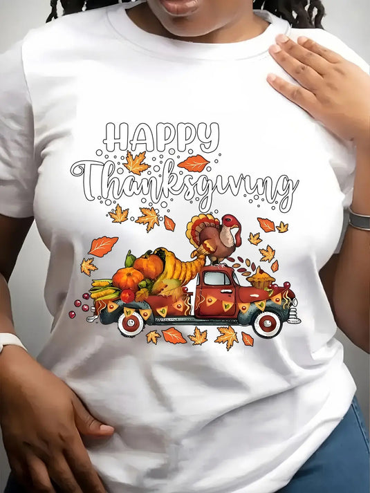 Women's Trendy Crew Neck T-Shirt Happy Thanksgiving Truck Design Suitable for Casual Sportswear