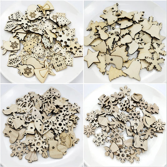 50Pcs Christmas Wood Chips Christmas Wooden Decoration Wooden Snowflake Chips Elk Xmax Tree Ornament Christmas Craft Supplies