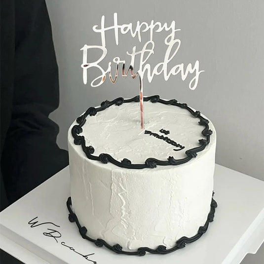 3PCS Happy Birthday Cake Topper Simple Lines Acrylic Gold Silver Black Dessert Toppers for Birthday Party Cake Decorations