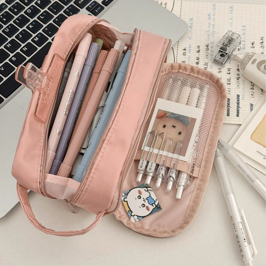 YT Large-Capacity Layered Grid Student Essential Stationery Bag, Partitioned Pencil Case, niche New Model with High Aesthetic VA