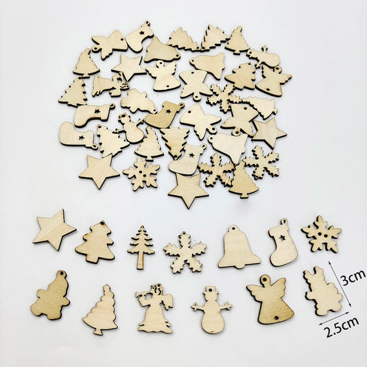 50Pcs Christmas Wood Chips Christmas Wooden Decoration Wooden Snowflake Chips Elk Xmax Tree Ornament Christmas Craft Supplies