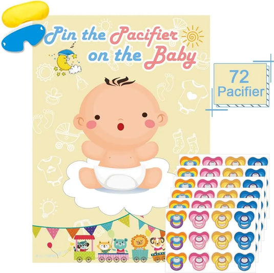 Hxezoc Pin The Pacifier On The Baby Game - Large Poster for Baby Shower Party, Kids Birthday Party Supplies - 72 Pacifier Stickers