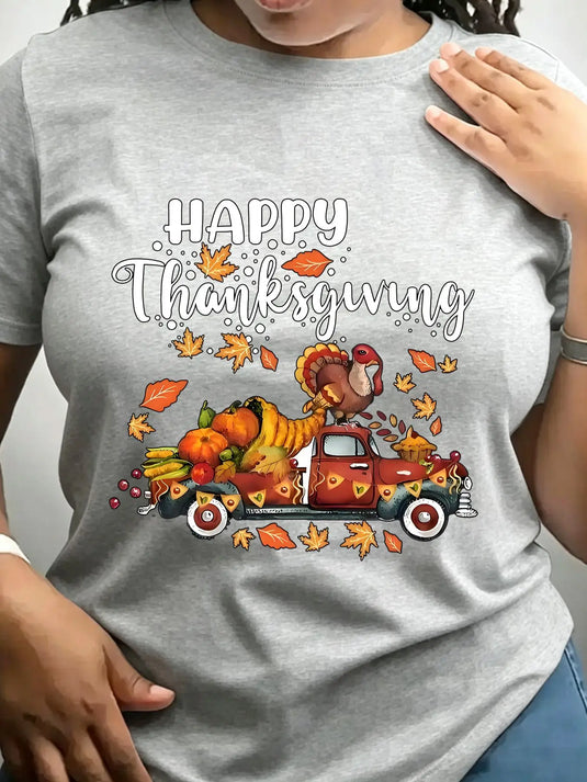 Women's Trendy Crew Neck T-Shirt Happy Thanksgiving Truck Design Suitable for Casual Sportswear