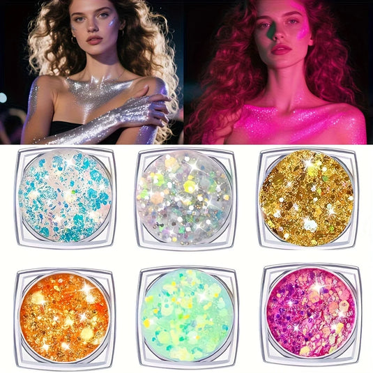 6pcs Glow in The Dark Glitter Gel Water-Based Chunky Glitter for Mardi Gras Christmas Carnival Rave Festival Outfits