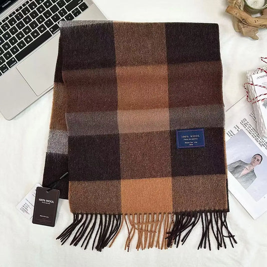 Men Scarf 100% Wool Plaid Warm Soft Muffler Female Winter Autumn Couple Cashmere Windproof Stripe Tassel Shawl Male Thick Scarf