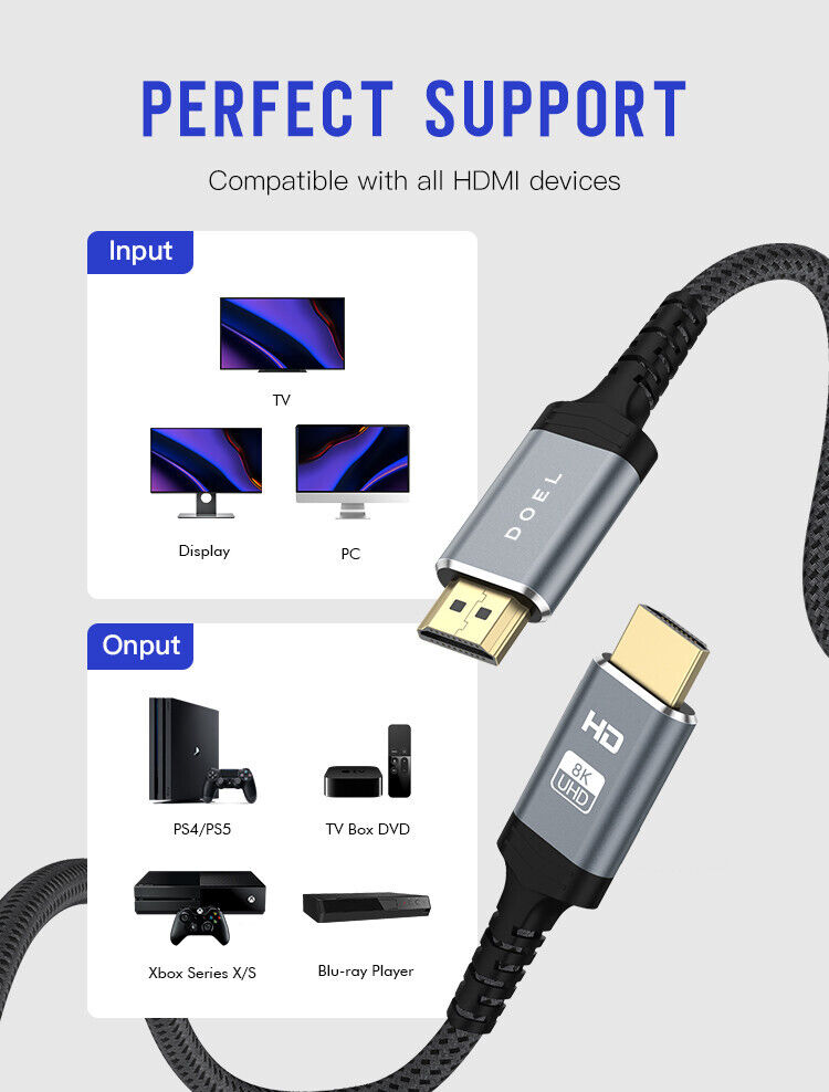 Gold Plated DOEL 8K HDMI Cable 2.1 Version 60/120hz Connector 48Gbps-2M/6.5Feet