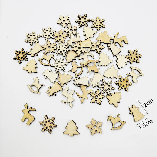 50Pcs Christmas Wood Chips Christmas Wooden Decoration Wooden Snowflake Chips Elk Xmax Tree Ornament Christmas Craft Supplies