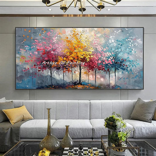 Large Hand-Painted Palette Knife Tree Oil Painting on Canvas, Modern Abstract Landscape Wall Art