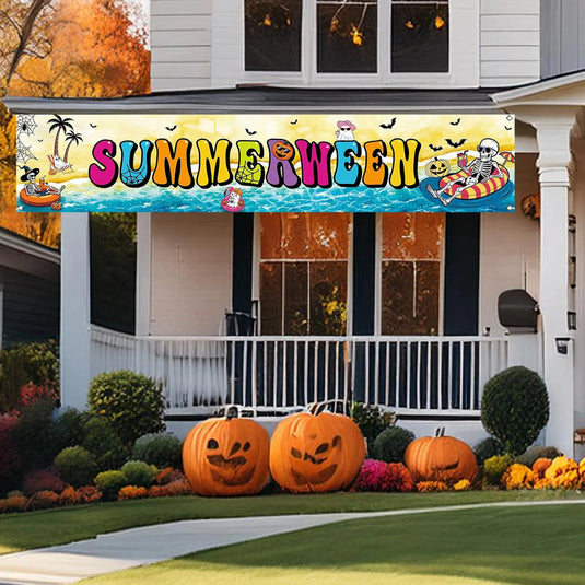 Summerween Yard Banner – Funny Skeleton Beach Scene for Summer Halloween Pool Party