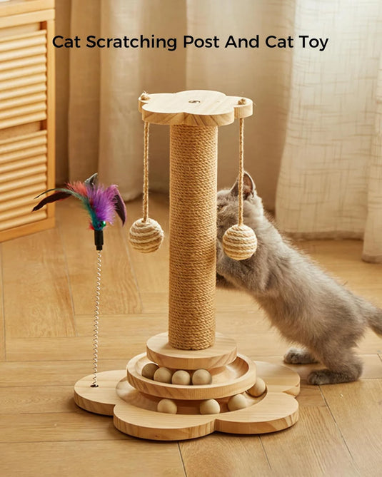 4-in-1 Cat Scratching Post with Tracking Ball, 46cm Wooden Cat Scratcher Tower