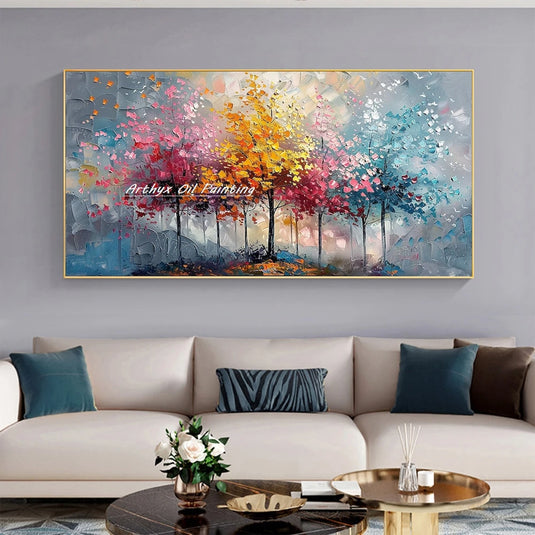 Large Hand-Painted Palette Knife Tree Oil Painting on Canvas, Modern Abstract Landscape Wall Art