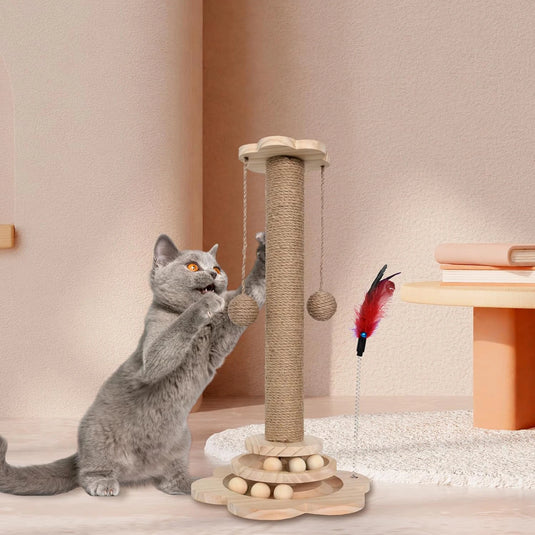 4-in-1 Cat Scratching Post with Tracking Ball, 46cm Wooden Cat Scratcher Tower