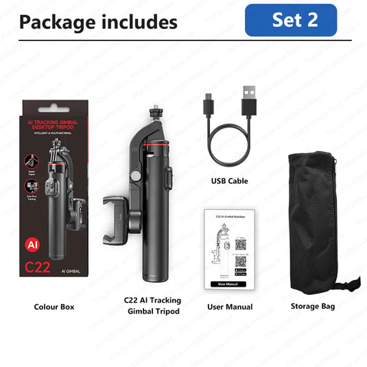 Desktop Gimbal AI Tracking Handheld Stabilizer C22 Selfie Stick Tripod for Cell Phones Record Video/Vlog, Optional Fill Light