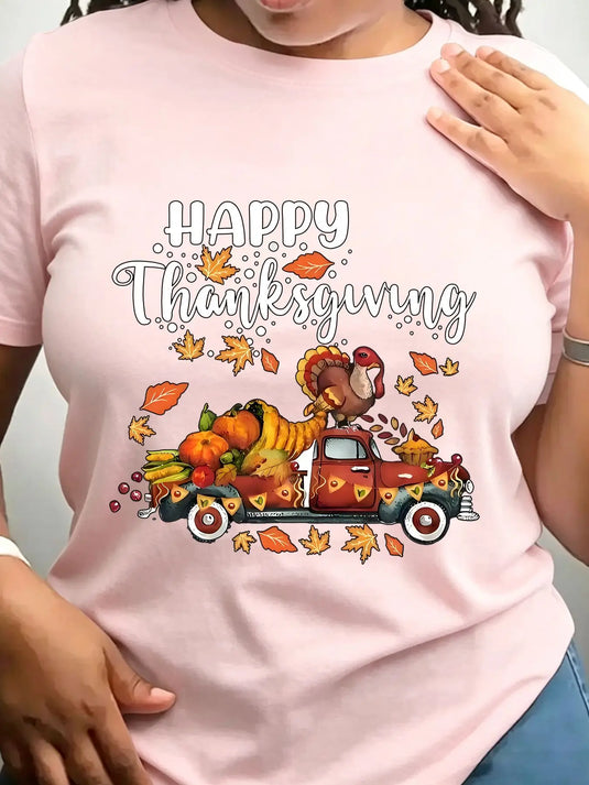 Women's Trendy Crew Neck T-Shirt Happy Thanksgiving Truck Design Suitable for Casual Sportswear