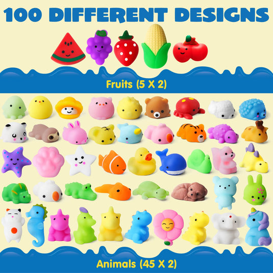 Joyfy 100 Pcs Mini Animals & Fruit Mochi Squishies for Kids Party Favor Toys Stress Relief Novelty Fidget Toys Birthday Gifts