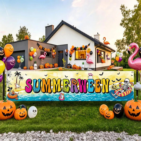 Summerween Yard Banner, Funny Skeleton Beach Scene Banner, Summer Halloween Pool Party Outdoor Decoration