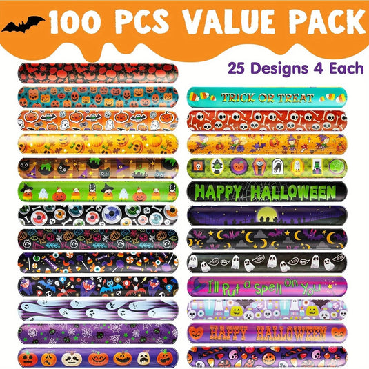 100 PCS Slap Bracelets Halloween Bracelets Bulk for Girls Boys Gifts Friendship Bracelets Snap Bracelets for Halloween Party Favors Goodie Bag Fillers