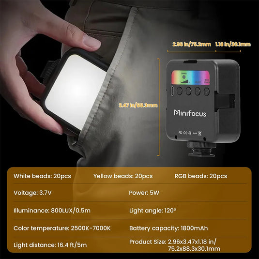 Minifocus RGB LED Video Light | 800 Lux Pocket Camera Fill Light