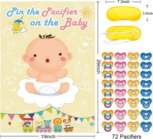 Hxezoc Pin The Pacifier On The Baby Game - Large Poster for Baby Shower Party, Kids Birthday Party Supplies - 72 Pacifier Stickers