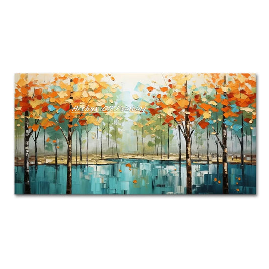 Large Hand-Painted Palette Knife Tree Oil Painting on Canvas, Modern Abstract Landscape Wall Art