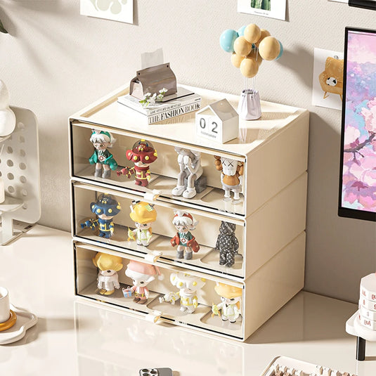 Desktop Storage Box with Drawers, Stackable Organizer & Display Case for Collectibles