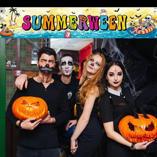 Summerween Yard Banner – Funny Skeleton Beach Scene for Summer Halloween Pool Party