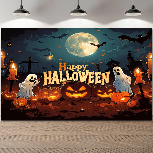 Halloween Outdoor Banner – Full Moon Witch Pumpkin Bat Design | No Power Required Party Decoration