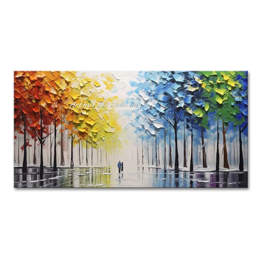 Large Hand-Painted Palette Knife Tree Oil Painting on Canvas, Modern Abstract Landscape Wall Art