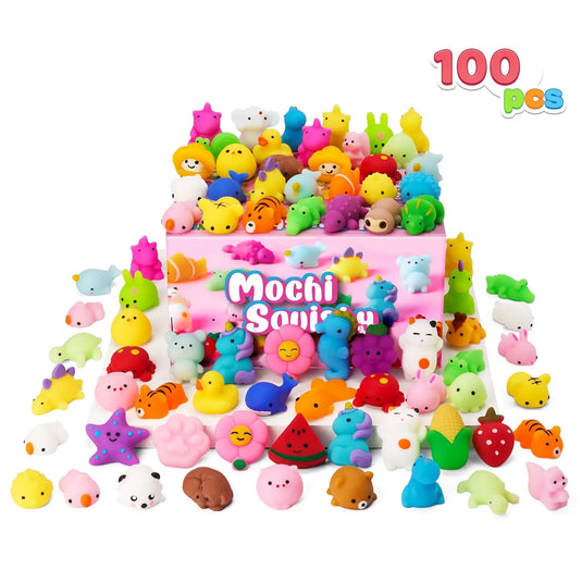 Joyfy 100 Pcs Mini Animals & Fruit Mochi Squishies for Kids Party Favor Toys Stress Relief Novelty Fidget Toys Birthday Gifts