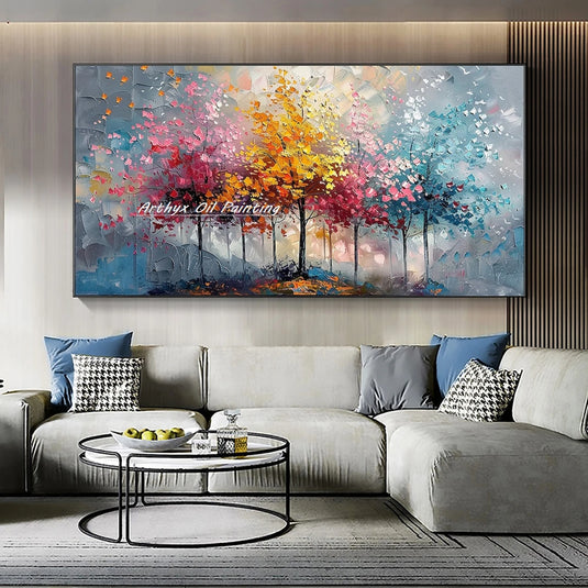 Large Hand-Painted Palette Knife Tree Oil Painting on Canvas, Modern Abstract Landscape Wall Art