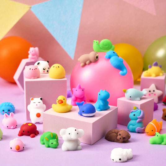 Joyfy 100 Pcs Mini Animals & Fruit Mochi Squishies for Kids Party Favor Toys Stress Relief Novelty Fidget Toys Birthday Gifts