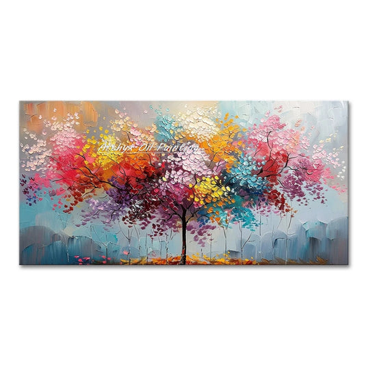 Large Hand-Painted Palette Knife Tree Oil Painting on Canvas, Modern Abstract Landscape Wall Art