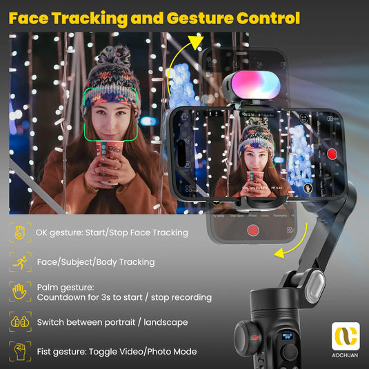AOCHUAN Smart Xpro Combo Black 3-Axis Phone Gimbal Stabilizer With 73cm Extension and RGB Magnetic Light OLED Display Gimbal