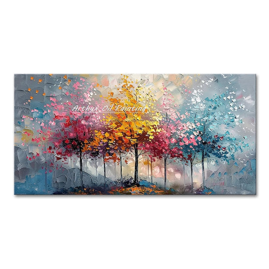 Large Hand-Painted Palette Knife Tree Oil Painting on Canvas, Modern Abstract Landscape Wall Art