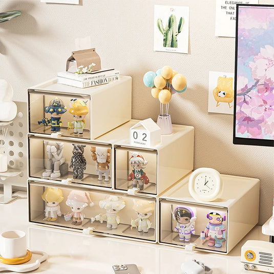 Desktop Storage Box with Drawers, Stackable Organizer & Display Case for Collectibles